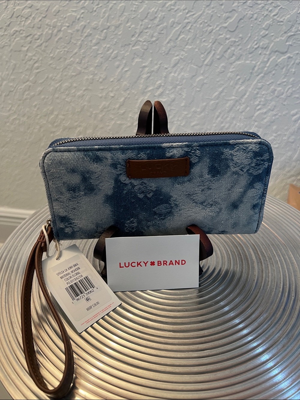 Lucky Brand Blue Denim Floral Wristlet with Brown Strap